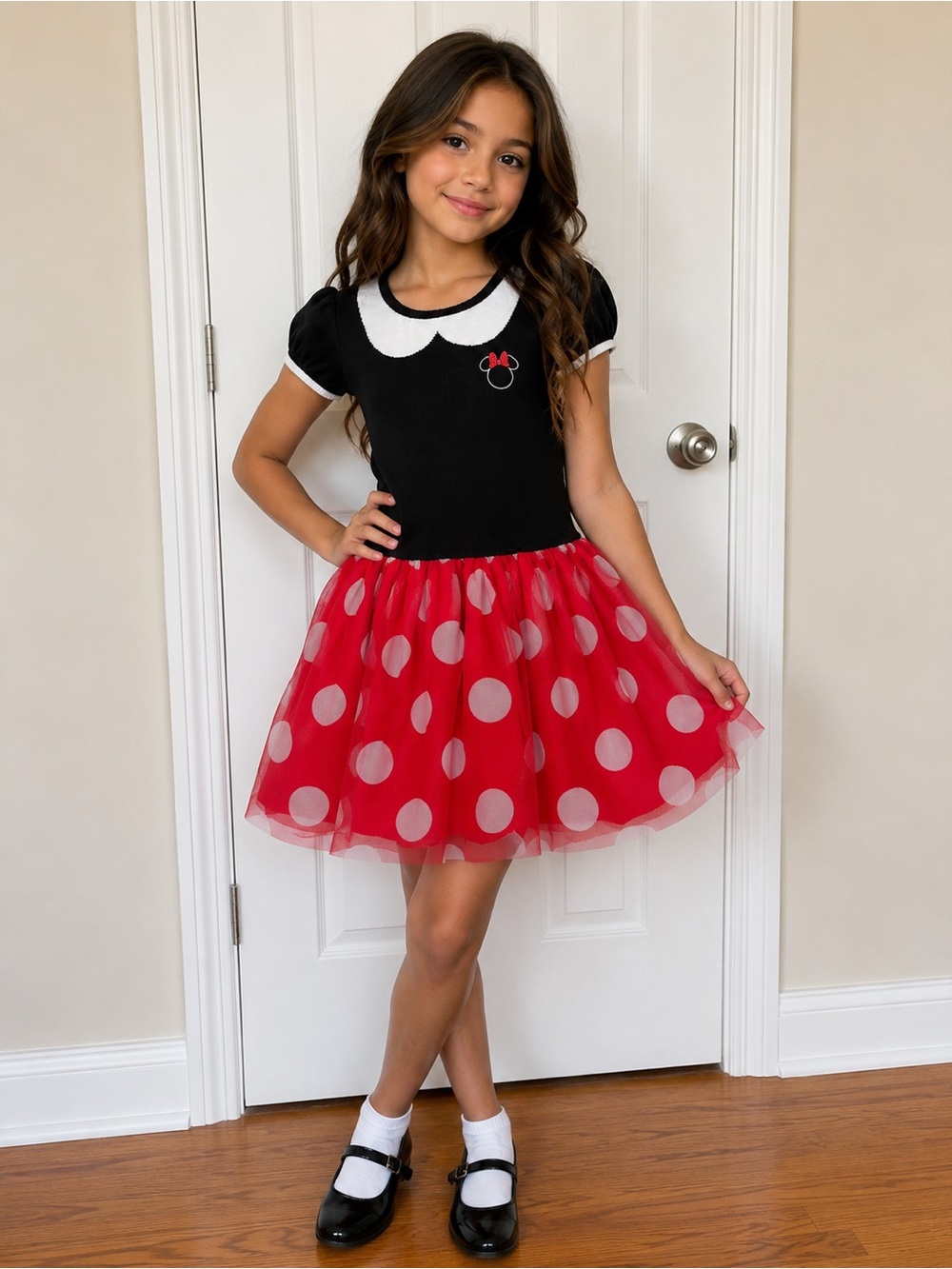 Disney Minnie Mouse Polka Dot Sweater Dress Girls Size 5T Red Black Tulle Knit